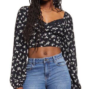Women’s Black White Floral Lace Babydoll Y2K Crop Blouse sz M NWT